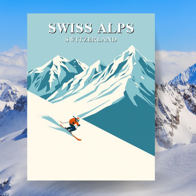 Cartão Postal Viagem de Esqui dos Alpes Suíços (Swiss Alps Skiing Travel Postcard)