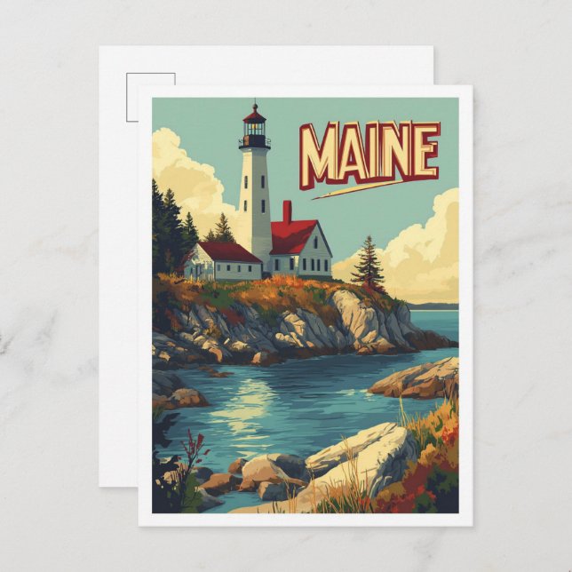 Cartão Postal Viagem de Ilustração de Arte do Maine USA (Frente/Verso)