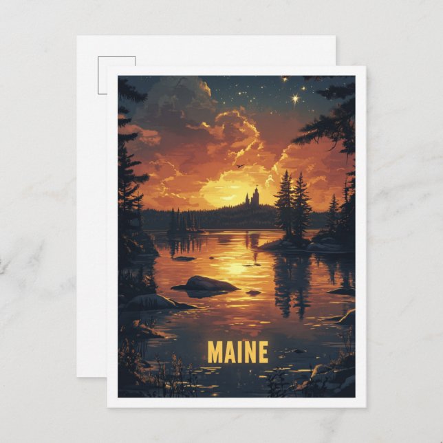 Cartão Postal Viagem de Ilustração de Arte do Maine USA (Frente/Verso)