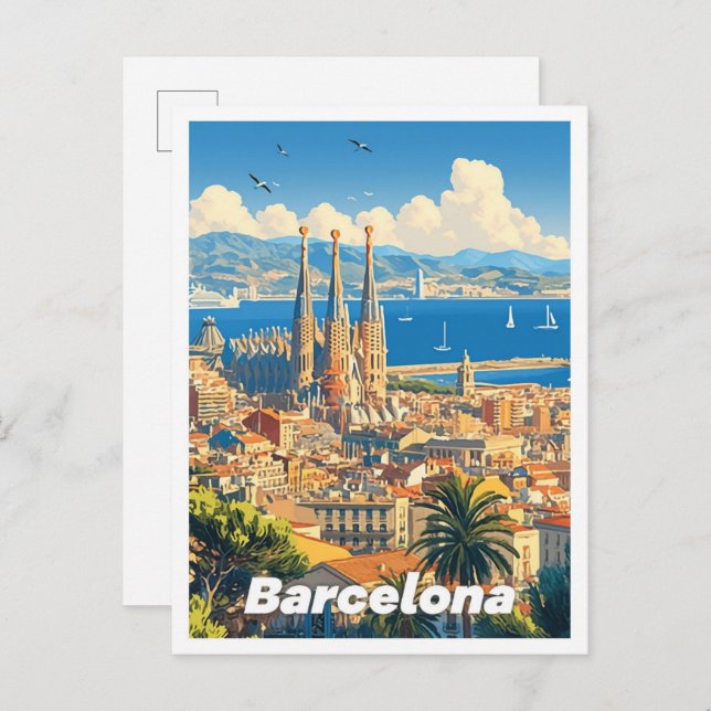 Cartão Postal Viagem de Ilustração de Arte Espanha de Barcelona (Frente/Verso)