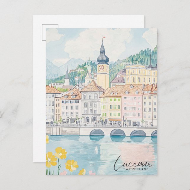 Cartão Postal Viagem de Ilustração de Gouache de Suiça de Luzern (Frente/Verso)