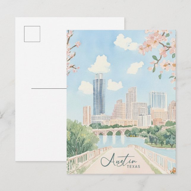 Cartão Postal Viagem de Ilustração de Pintura de Gouache Austin  (Frente/Verso)