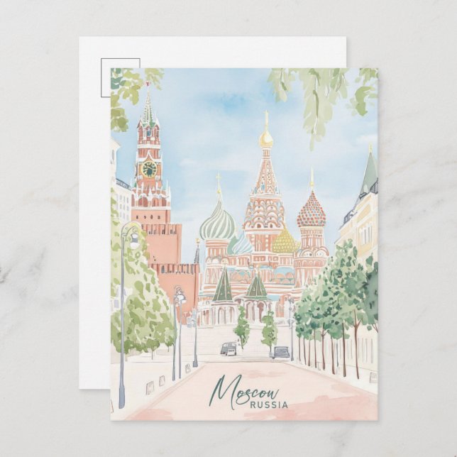 Cartão Postal Viagem de Ilustração de Pintura em Gouache, Rússia (Frente/Verso)