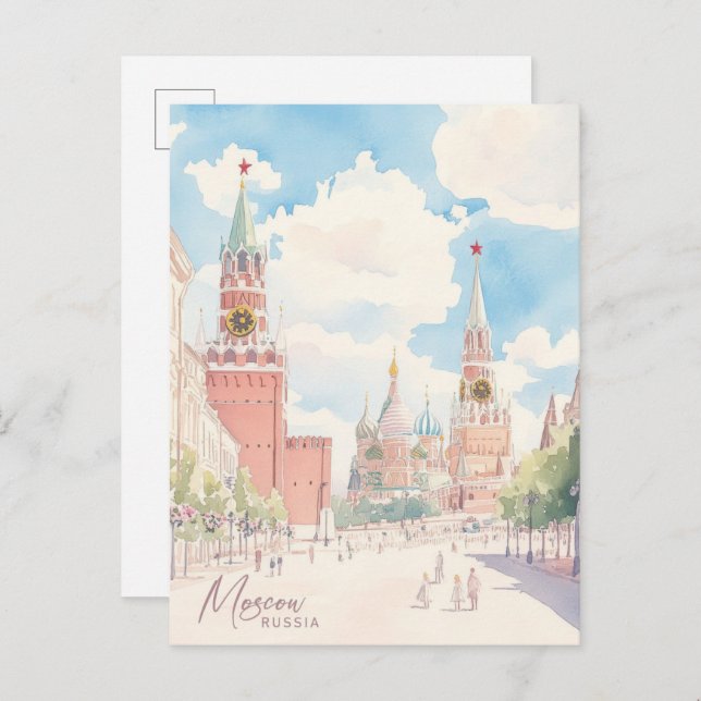 Cartão Postal Viagem de Ilustração de Pintura em Gouache, Rússia (Frente/Verso)