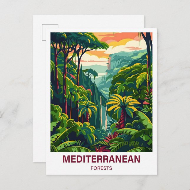 Cartão Postal Viagem de Ilustração Florestal Mediterrânica (Frente/Verso)
