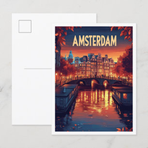 Cartão Postal Viagem de Ilustração Vintage de Amsterdã nos Paíse