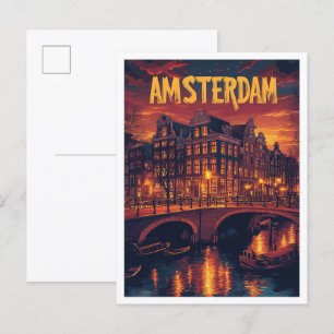 Cartão Postal Viagem de Ilustração Vintage de Amsterdã nos Paíse