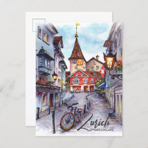 Cartão Postal Viagem de Impressão por Aquarela de Suiça Zurique