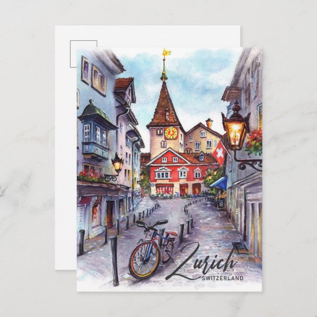 Cartão Postal Viagem de Impressão por Aquarela de Suiça Zurique (Frente/Verso)