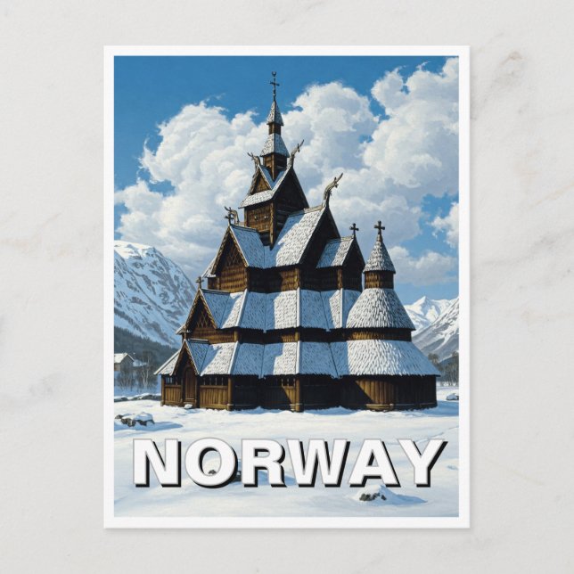Cartão Postal Viagem de inverno da Igreja de Stave da Noruega (Frente)