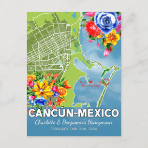 Cartão Postal Viagem de Lua de Mel Romântica Cancun México Mapa