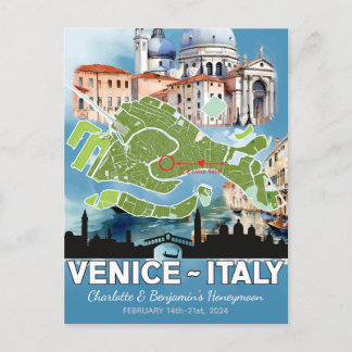 Cartão Postal Viagem de Lua de Mel Romântica Mapa de Veneza Itál