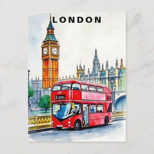 Cartão Postal Viagem de ônibus em Londres, Reino Unido, em aquar