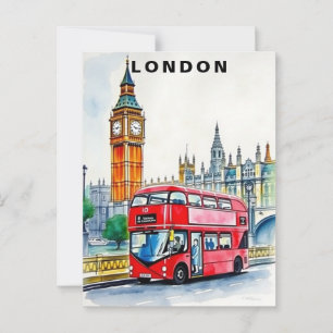 Cartão Postal Viagem de ônibus pela Londres Reino Unido Aquarela