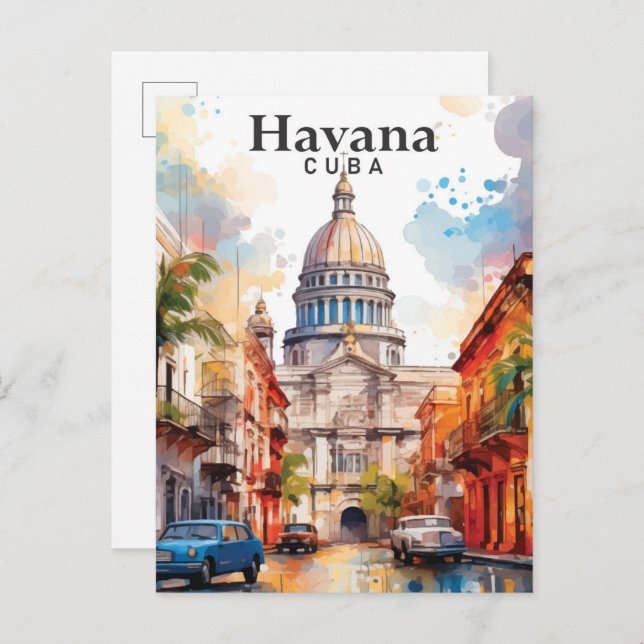 Cartão Postal Viagem de pintura por aquarela de Havana Cuba (Frente/Verso)