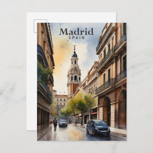 Cartão Postal Viagem de pintura por aquarela Espanha Madrid (Frente/Verso)