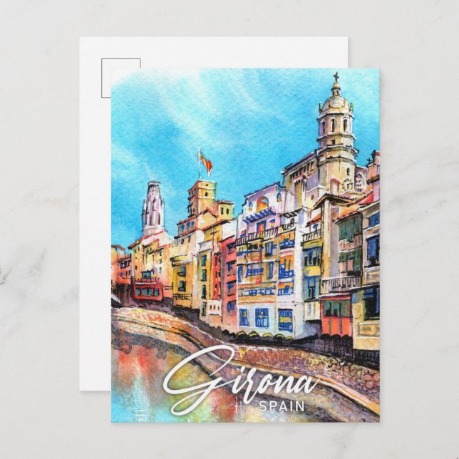 Cartão Postal Viagem de Pintura por Aquarela na Espanha Girona (Frente/Verso)