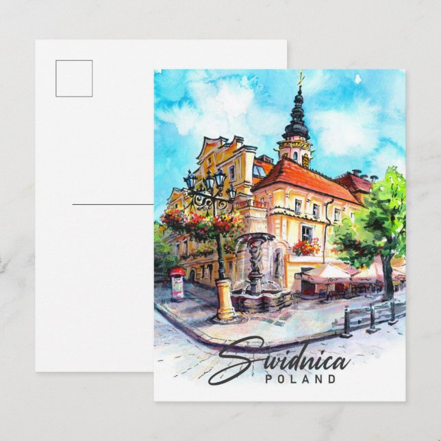 Cartão Postal Viagem de pintura por aquarela Polônia Swidnica (Frente/Verso)