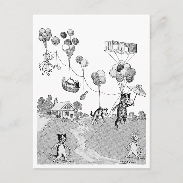 Cartão Postal Viagem do Balão de Gato, Louis Wain (Frente)