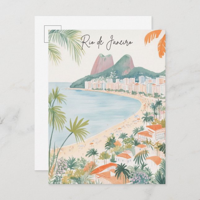 Cartão Postal Viagem do Brasil Gouache Ilustração do Rio de Jane (Frente/Verso)
