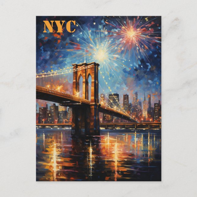 Cartão Postal Viagem do Brooklyn Bridge Nova Iorque Fireworks (Frente)