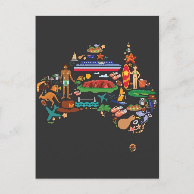 Cartão Postal Viagem do mapa australiano de animais continentais (Frente)