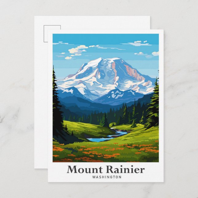 Cartão Postal Viagem Illustração do Monte Rainier Washington (Frente/Verso)
