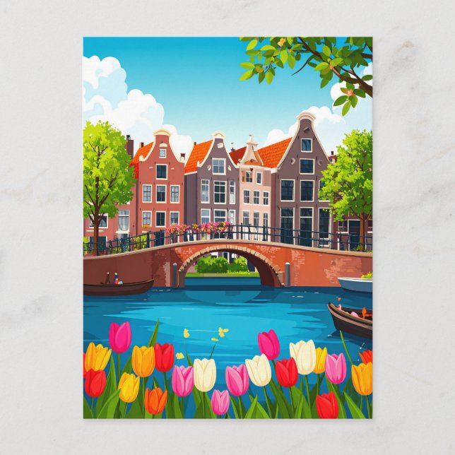 Cartão Postal Viagem Retro Amsterdam com Tulipas (Frente)