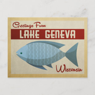 Cartão Postal Viagens vintage Azul de Peixe do Lago Genebra Wisc