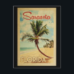 Cartão Postal Viagens vintage da Árvore Palm Sarasota<br><div class="desc">Um impressão artístico moderno do século médio único,  Sarasota,  na Flórida,  no estilo de poster viagens vintage. Ele apresenta uma palmeira curva na praia arenosa com oceano sob um céu azul nublado.</div>