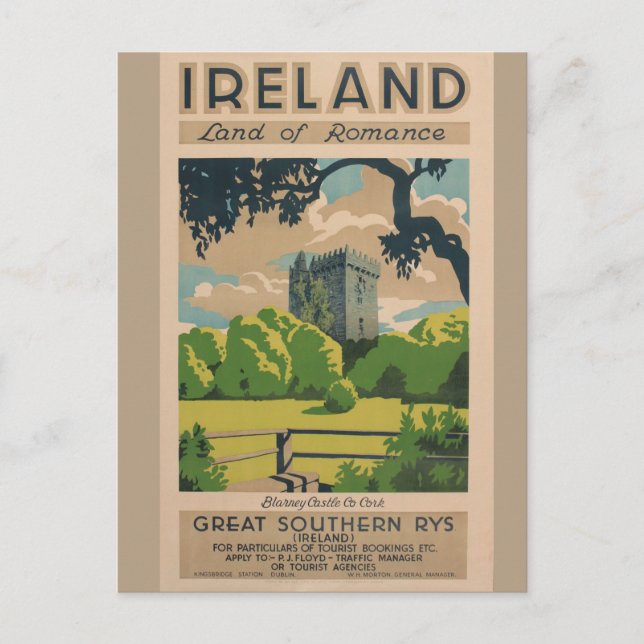Cartão Postal Viagens vintage da Irlanda (Frente)
