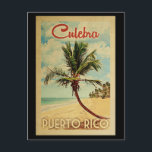 Cartão Postal Viagens vintage de Árvore Culebra Palm<br><div class="desc">Uma impressão de arte exclusiva do século médio moderno Culebra Porto Rico no estilo poster viagens vintage. Ele apresenta uma palmeira curva na praia arenosa com oceano sob um céu azul nublado.</div>