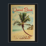 Cartão Postal Viagens vintage de Árvore de Palma de Ormond Beach<br><div class="desc">Um impressão de arte moderno do século médio,  Ormond Beach,  Flórida,  no estilo viagens vintage. Ele apresenta uma palmeira curva na praia arenosa com oceano sob um céu azul nublado.</div>