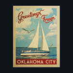 Cartão Postal Viagens vintage de Oklahoma City Sailboat<br><div class="desc">Esta viagens vintage náutica de Saudações de Oklahoma City design apresenta um barco navegando na água com gaivotas e um céu azul cheio de lindas nuvens brancas puffy.</div>
