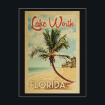 Cartão Postal Viagens vintage de Palmeira Lake Worth<br><div class="desc">Um impressão de arte do século médio moderno do Lago Worth Florida no estilo viagens vintage. Ele apresenta uma palmeira curva na praia arenosa com oceano sob um céu azul nublado.</div>