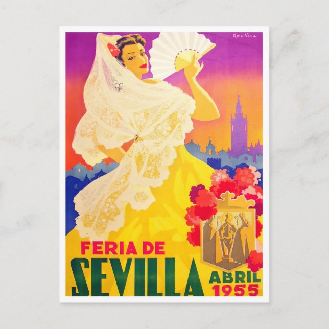 Cartão Postal viagens vintage Feria de Sevilla, 1955 (Frente)