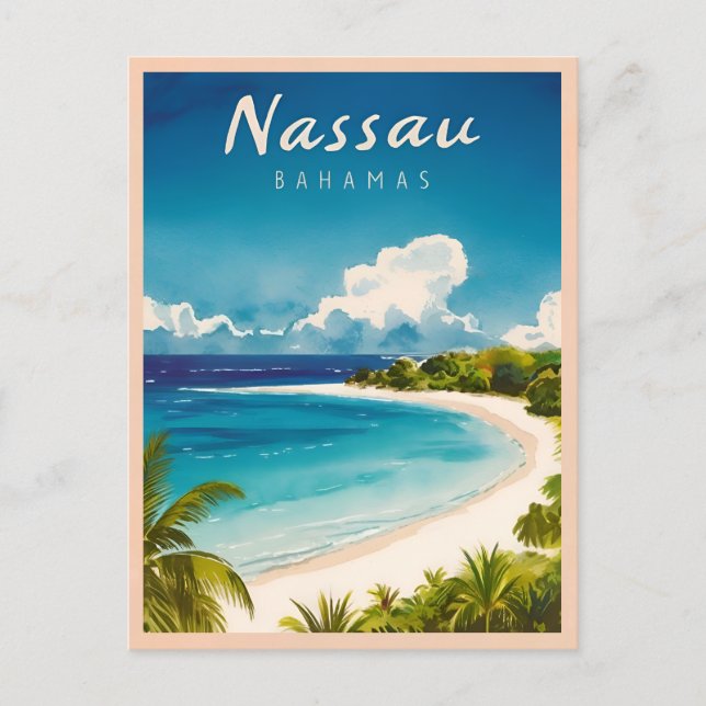 Cartão Postal Viagens vintage Nassau Bahamas Praia Retrocêntrica (Frente)