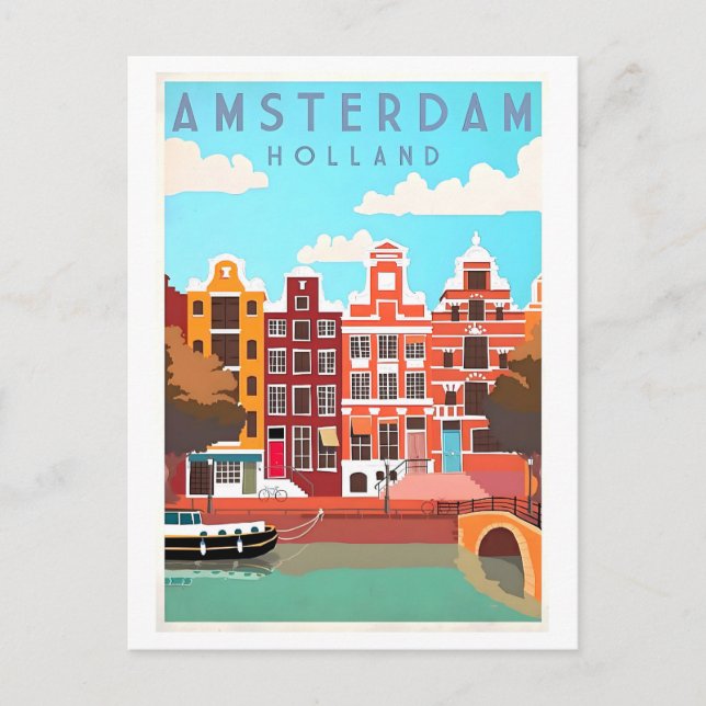 Cartão Postal Viagens vintage para Amsterdã (Frente)