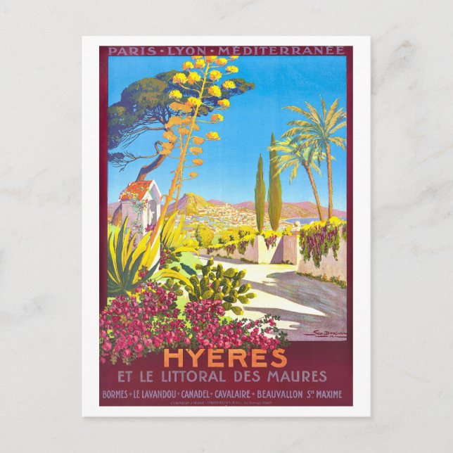 Cartão Postal Viagens vintage para Hyeres, França, (Frente)