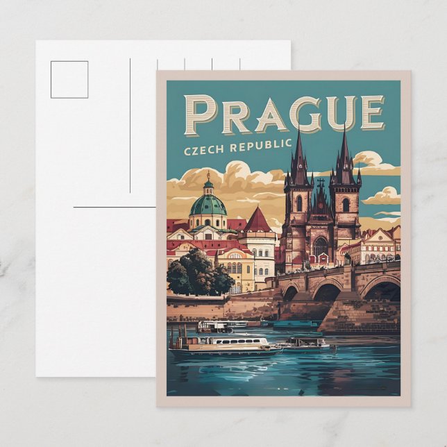 Cartão Postal viagens vintage praça República Tcheca presentes,  (Frente/Verso)