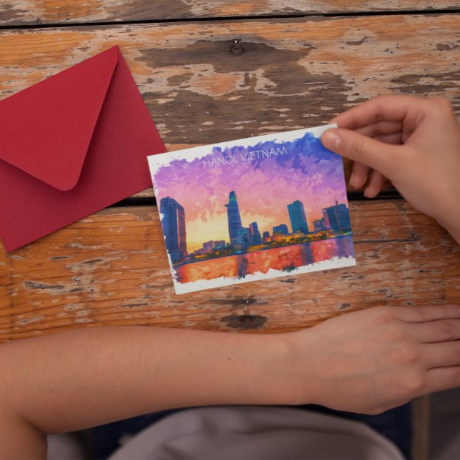 Cartão Postal Viagens vintage Skyline no Vietnã (hanoi vietnam watercolor postcard)