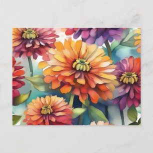 Cartão Postal Vibração Zinnia Blooms Abstrato Watercolor