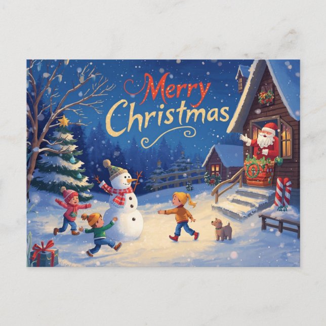 Cartão Postal Vibrant Christmas Postcard – Snowman & Santa (Frente)