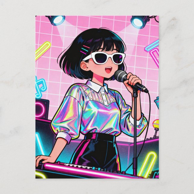 Cartão Postal Vibrant Japanese Karaoke Pop Art Girl (Frente)