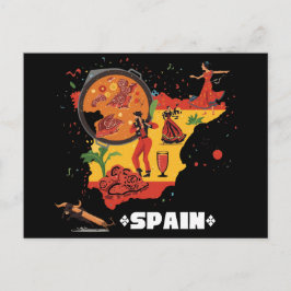 Cartão Postal Vibrant Spain Map Flamenco, Paella & Bull