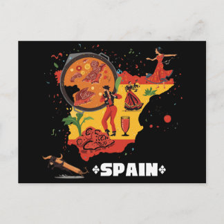 Cartão Postal Vibrant Spain Map Flamenco, Paella & Bull