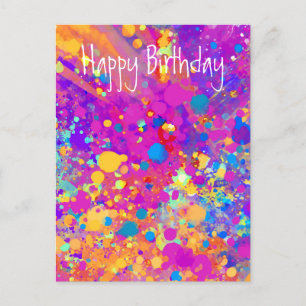 Cartão Postal Vibrant Splatters Happy Birthday Abstrato