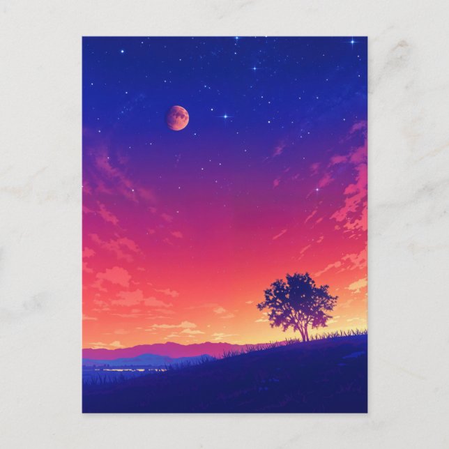 Cartão Postal Vibrant Sunset Tree and Blood Moon (Frente)