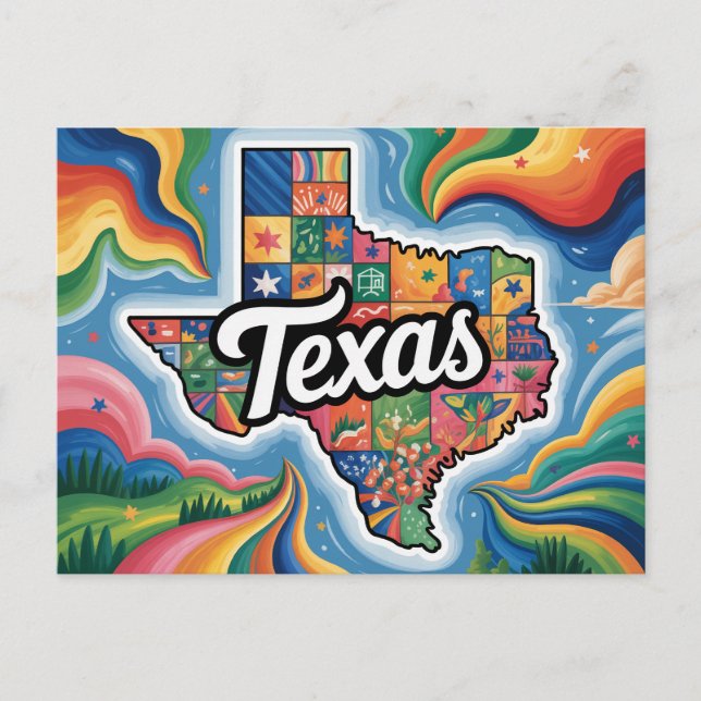 Cartão Postal Vibrant Texas Conceptual Map Art (Frente)