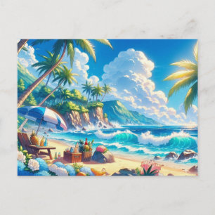 Cartão Postal Vibrant Tropical Island Beach Watercolor